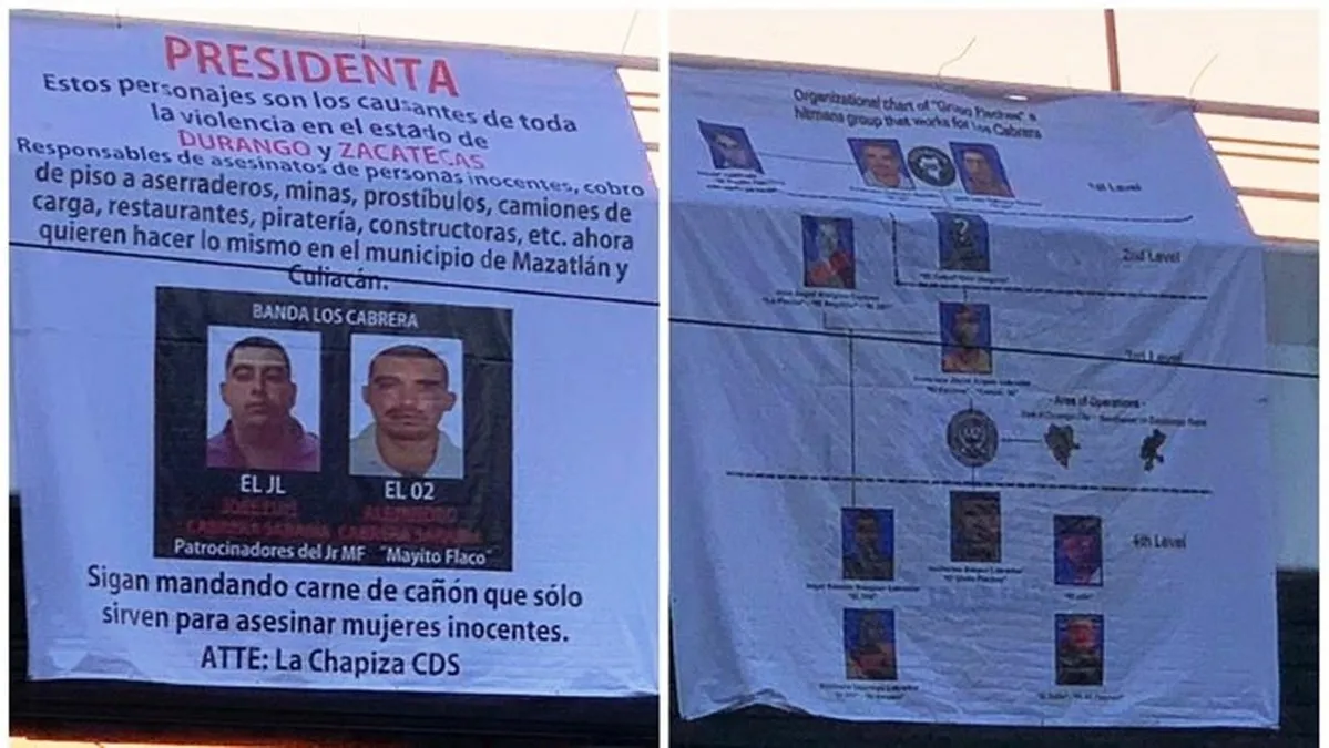 Cuelgan narcomantas en Sinaloa dirigidas a Claudia Sheinbaum; las firma 'La Chapiza'